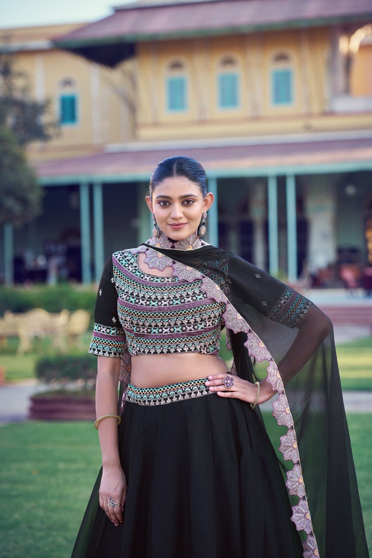 Luxury Black Aurum Georgette Heavy Flair Lehenga Collection for Women