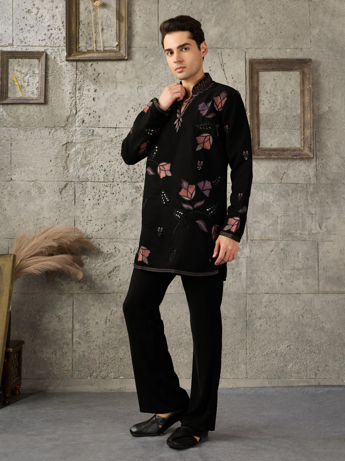 Black Embroidered Kurta Set For Men | Tulip Designer