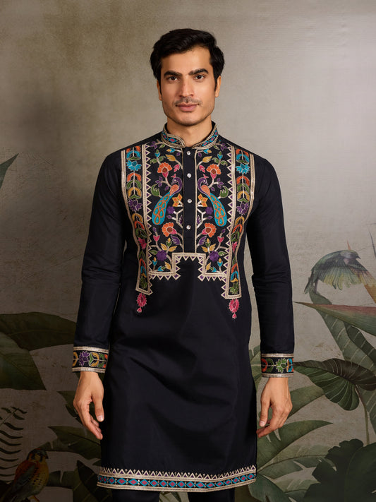 Designer Black Embroidered Mens Kurta for Wedding