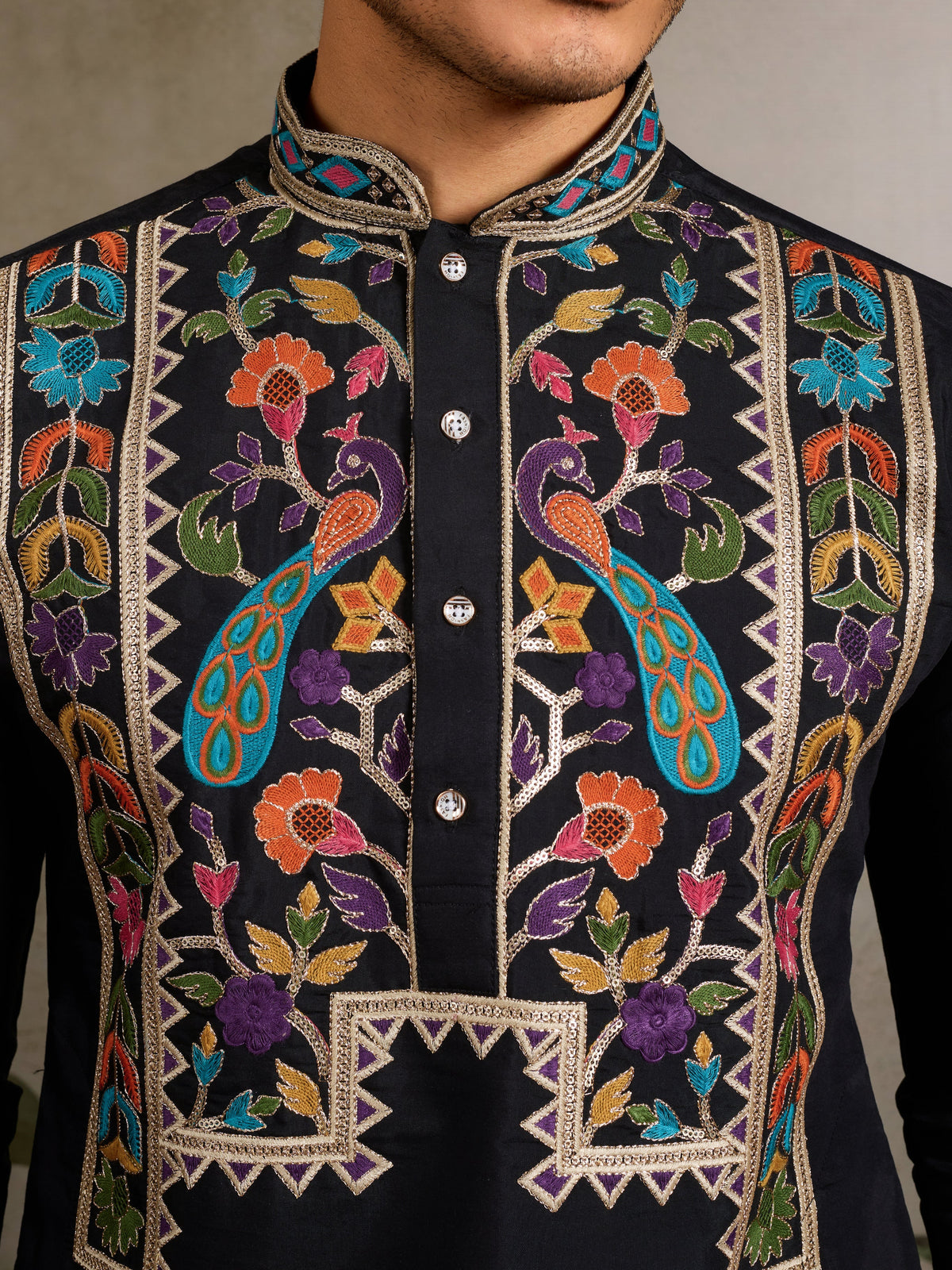Designer Black Embroidered Mens Kurta for Wedding