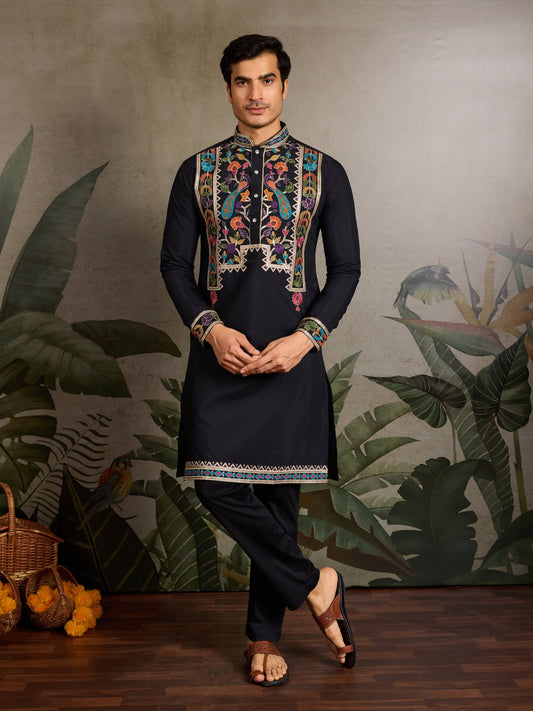 Designer Black Embroidered Mens Kurta for Wedding