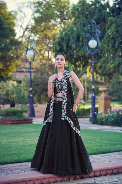 Premium Black Frendy Silk Embroidered Lehenga Choli with Dupatta Set for Women