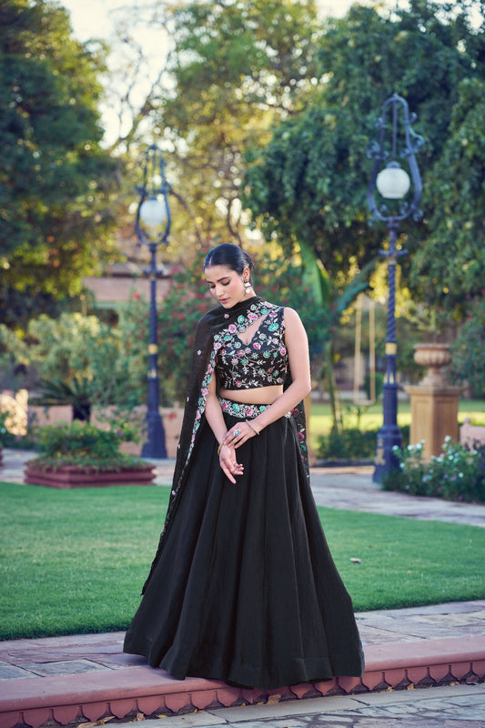 Premium Black Frendy Silk Embroidered Lehenga Choli with Dupatta Set for Women