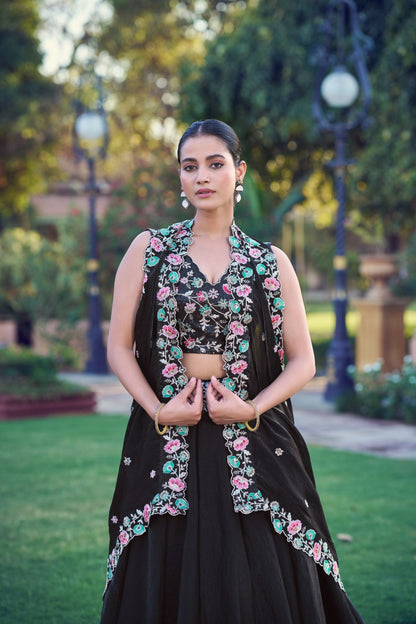 Premium Black Frendy Silk Embroidered Lehenga Choli with Dupatta Set for Women