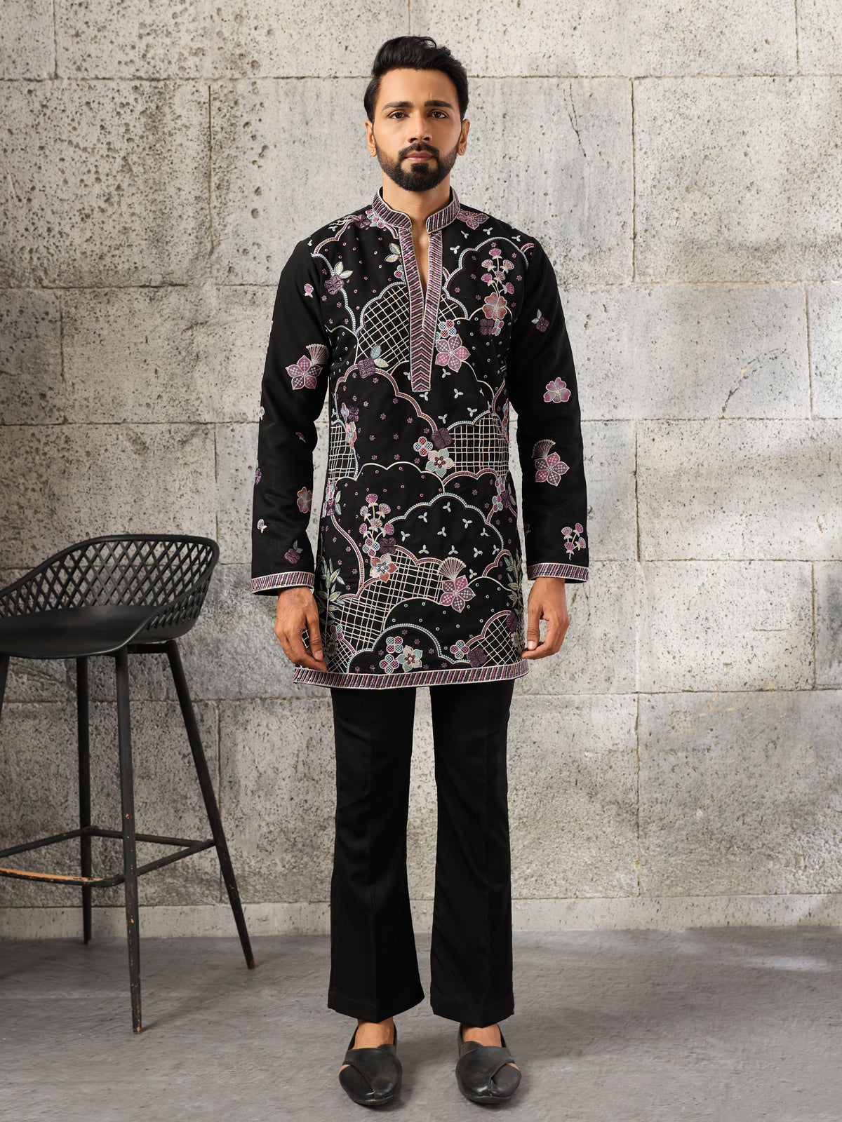 Signature Black Japanese Lachka Embroidered Kurta Bell Bottom Set