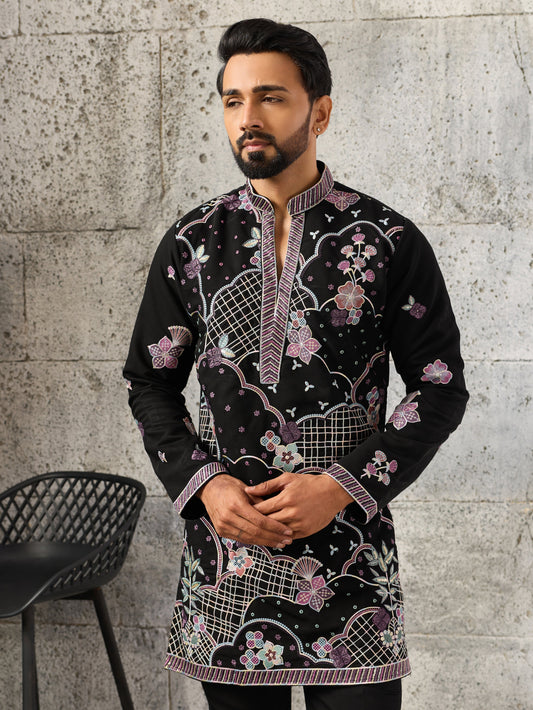 Signature Black Japanese Lachka Embroidered Kurta Bell Bottom Set