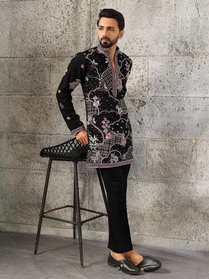 Signature Black Japanese Lachka Embroidered Kurta Bell Bottom Set