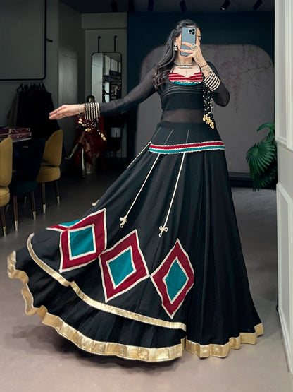 Ethnic Black Marble Base Navratri Lehenga Set with Tunic & Blouse