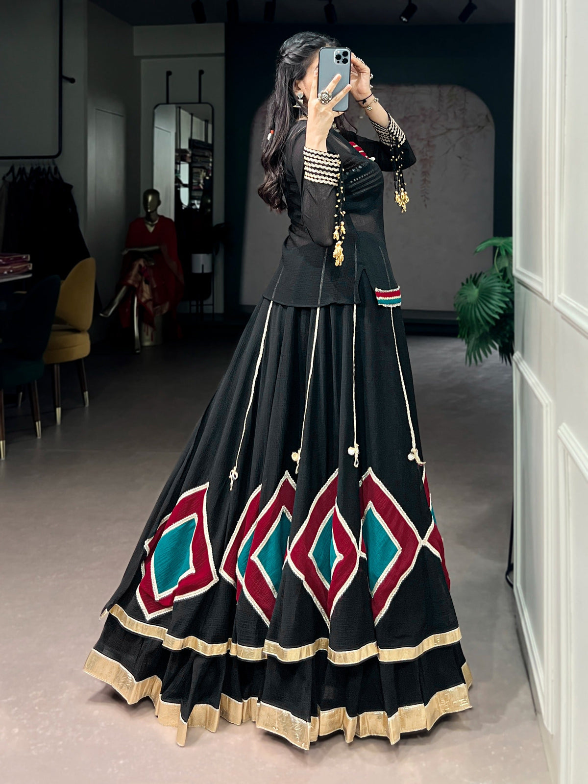 Ethnic Black Marble Base Navratri Lehenga Set with Tunic & Blouse