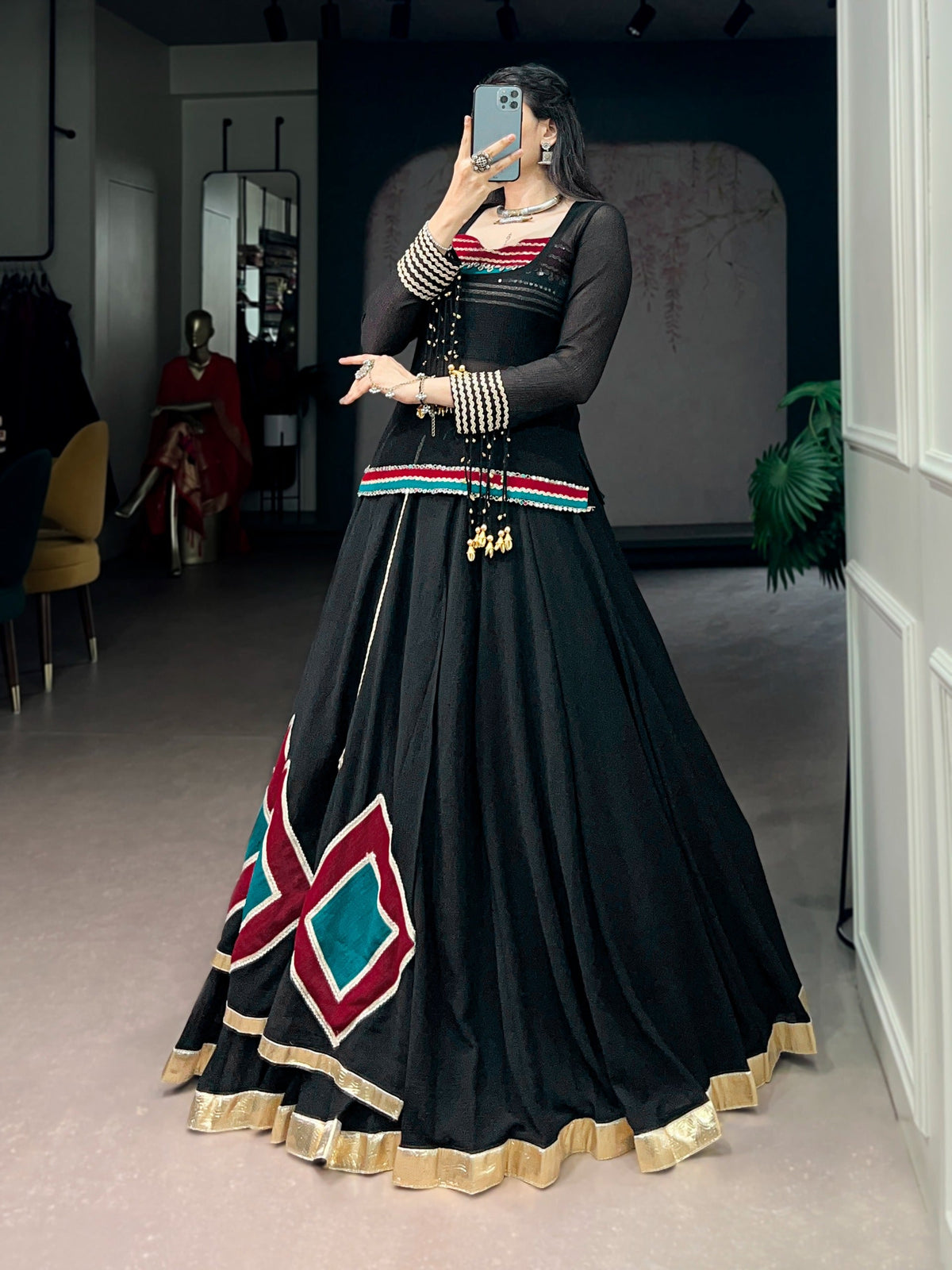 Ethnic Black Marble Base Navratri Lehenga Set with Tunic & Blouse