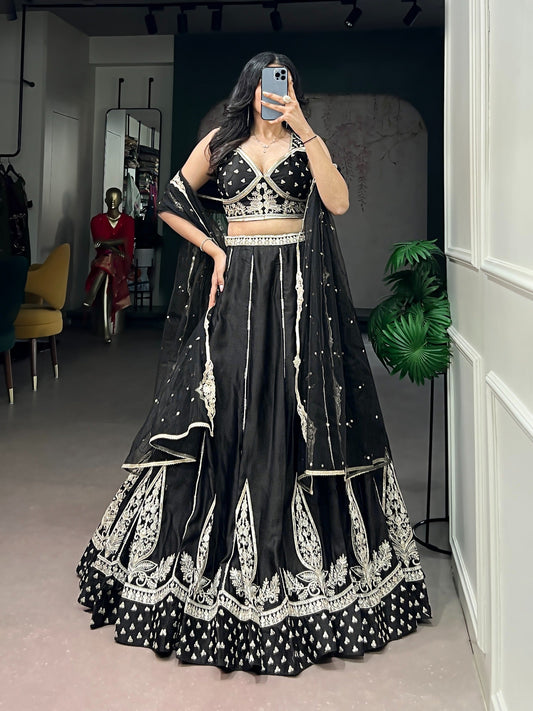 Wedding Special Black Naysha Silk Sequins Work Lehenga Set
