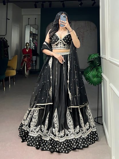 Wedding Special Black Naysha Silk Sequins Work Lehenga Set