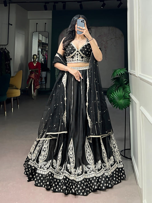 Wedding Special Black Naysha Silk Sequins Work Lehenga Set