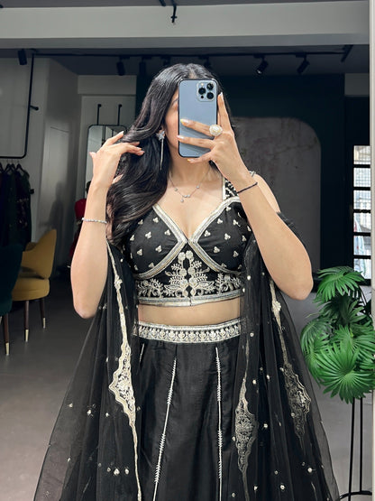 Wedding Special Black Naysha Silk Sequins Work Lehenga Set