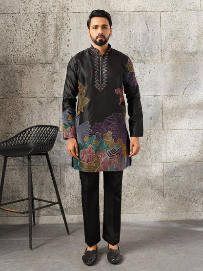 Bold Black Premium Soft Silk Thread Embroidered Kurta Pant Set