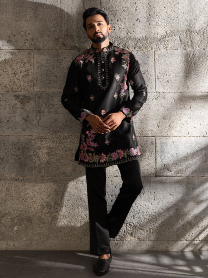 Luxury Black Silk Thread Sequence Kurta Bell Bottom Set