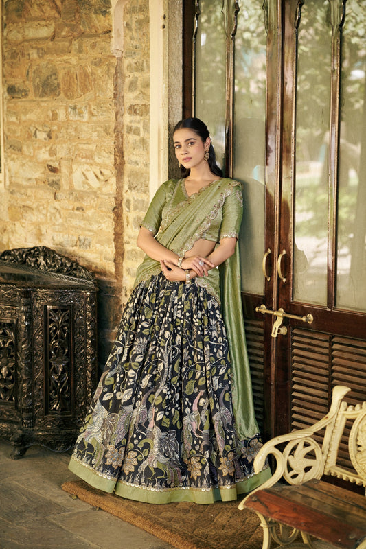 Designer Black Tasar Silk Printed Lehenga Set with Vichitra Silk Dupatta