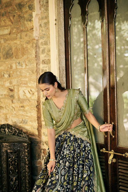 Designer Black Tasar Silk Printed Lehenga Set with Vichitra Silk Dupatta
