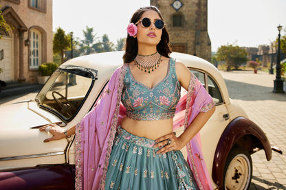 Grand Teal Blue Rangoli Silk Wedding Wear Embroidered Lehenga Set