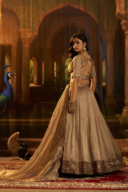 Luxury Brown Hiranya Silk Lehenga Set Featuring Art Silk Blouse And Detailed Embroidered Dupatta
