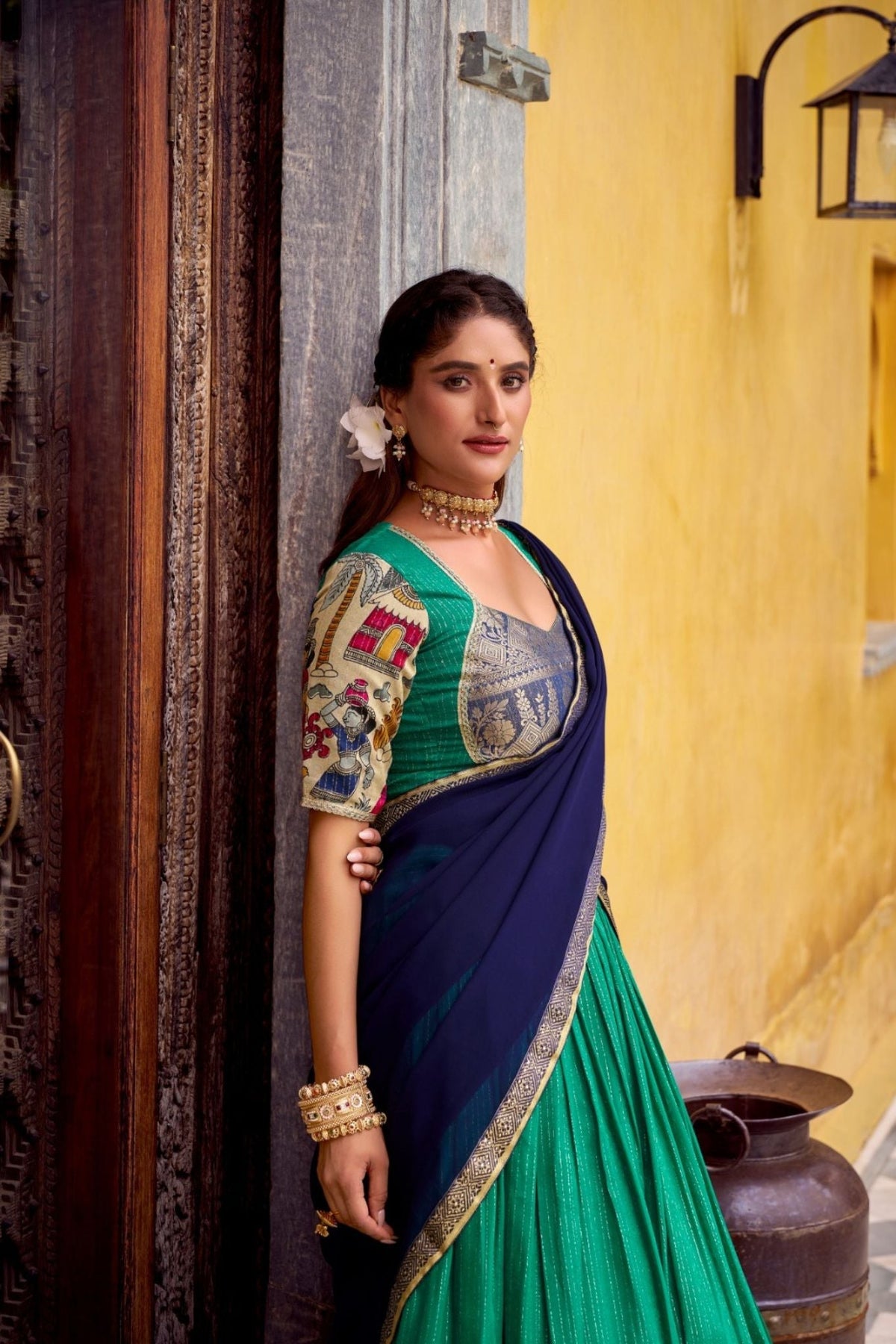 Poly Chanderi Kalamkari Printed Zari Weaving Work Premium Lehenga Choli