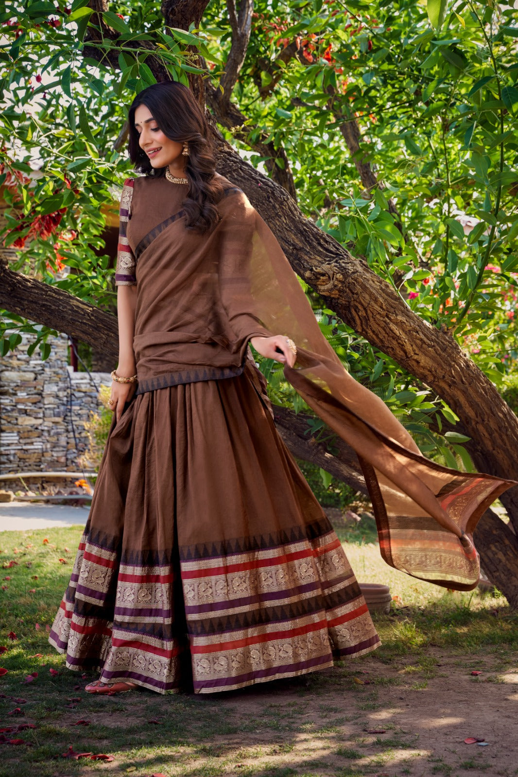 Pure Chanderi Zari Border Lehenga Choli with Dupatta