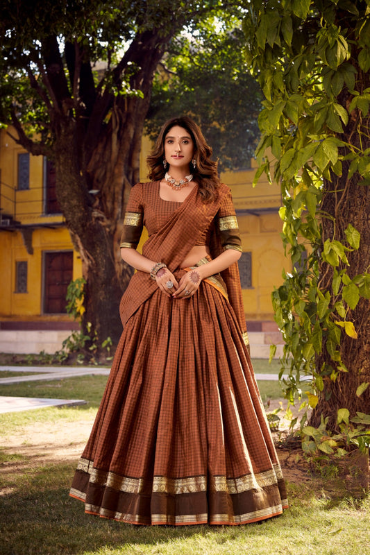 Elegant Chettinad Cotton With Zari Detailing Lehenga Set with Dupatta