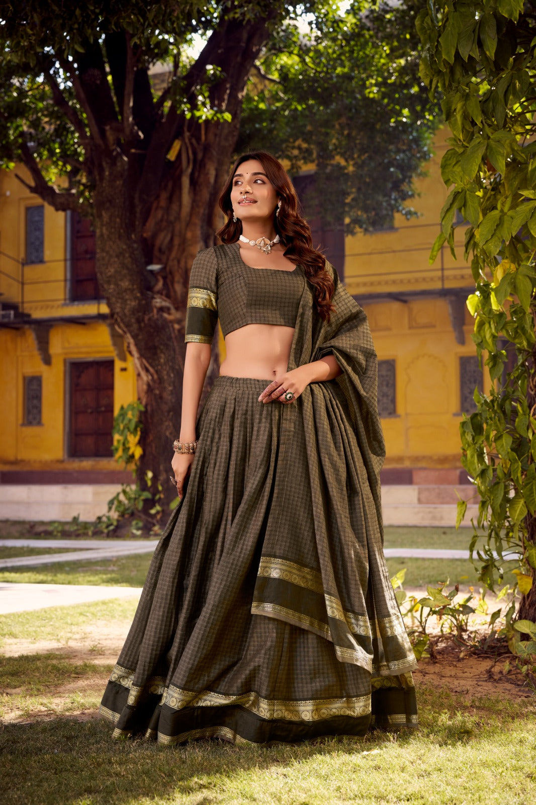 Elegant Chettinad Cotton With Zari Detailing Lehenga Set with Dupatta