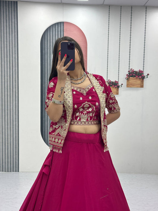 Stylish Ethnic Chinon Heavy Embroidered Work Lehenga Choli Jacket Set