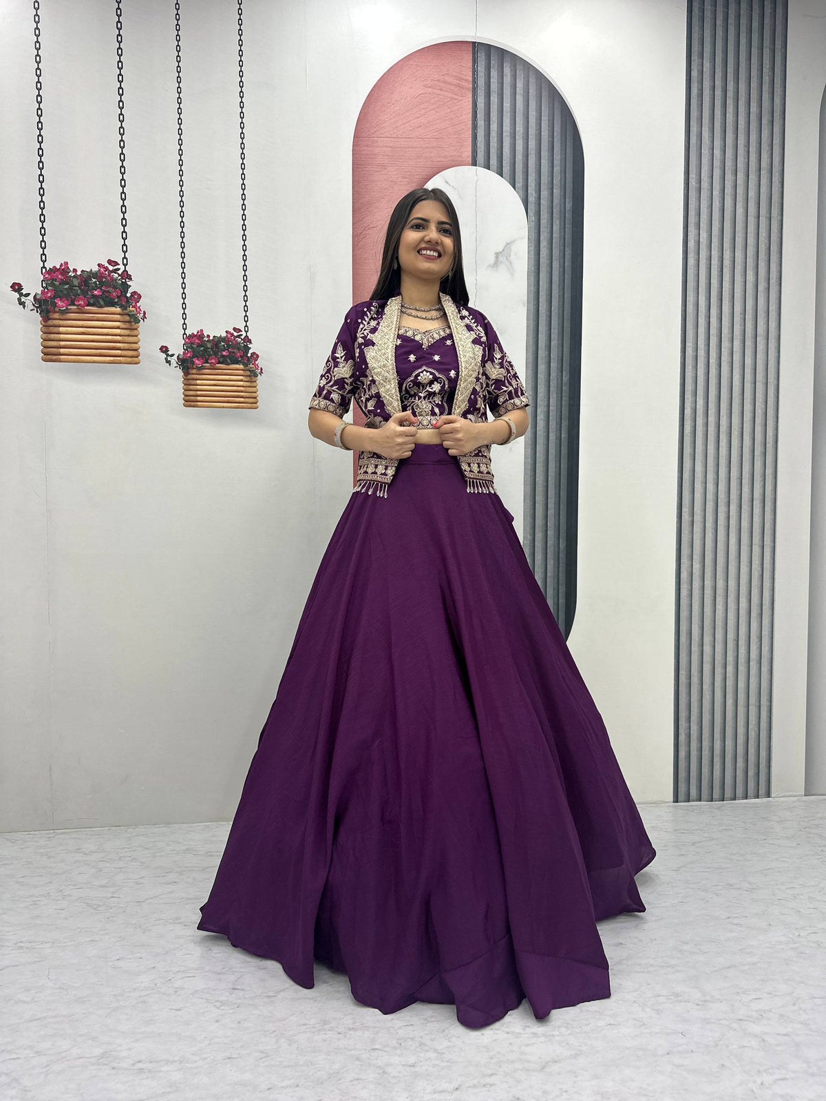 Stylish Ethnic Chinon Heavy Embroidered Work Lehenga Choli Jacket Set 