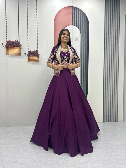 Stylish Ethnic Chinon Heavy Embroidered Work Lehenga Choli Jacket Set 