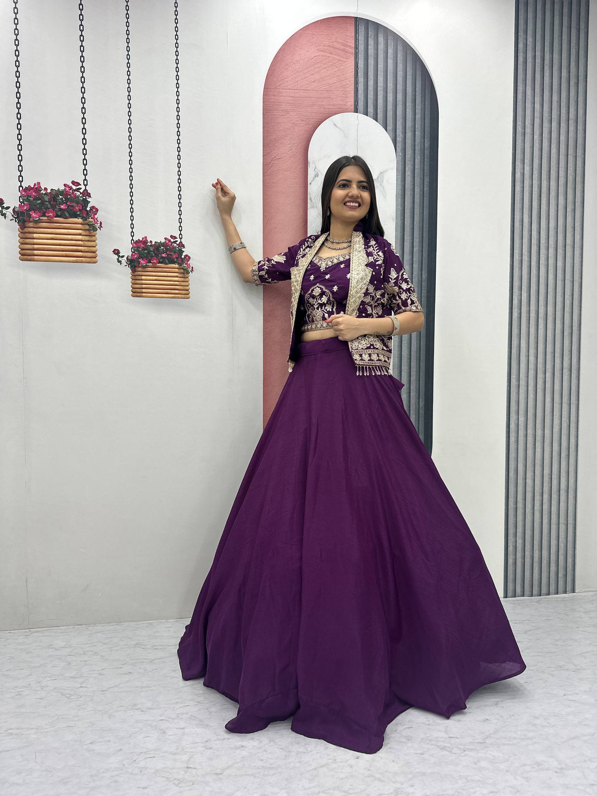 Stylish Ethnic Chinon Heavy Embroidered Work Lehenga Choli Jacket Set