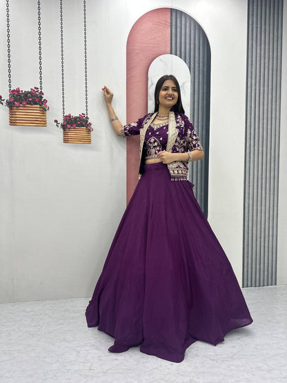 Stylish Ethnic Chinon Heavy Embroidered Work Lehenga Choli Jacket Set