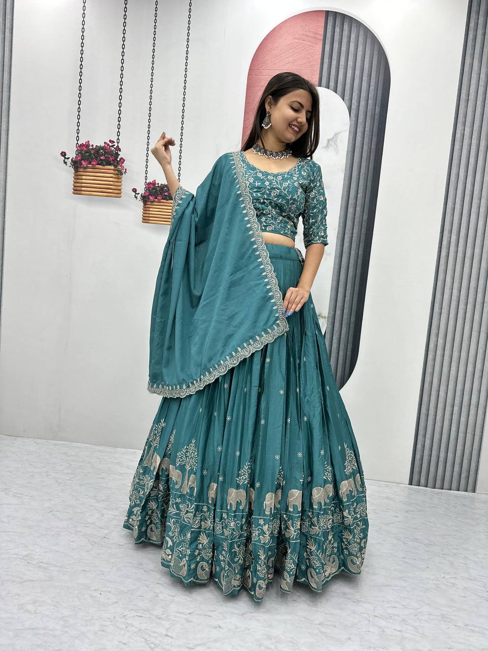 Beautiful Chinon Silk Embroidery Thread  Work Ready to Wear Lehenga Choli