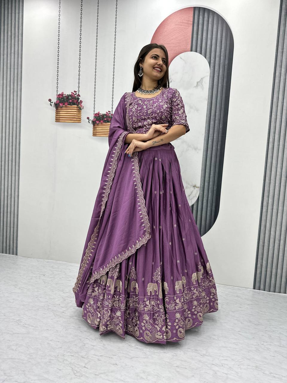 Beautiful Chinon Silk Embroidery Thread  Work Ready to Wear Lehenga Choli