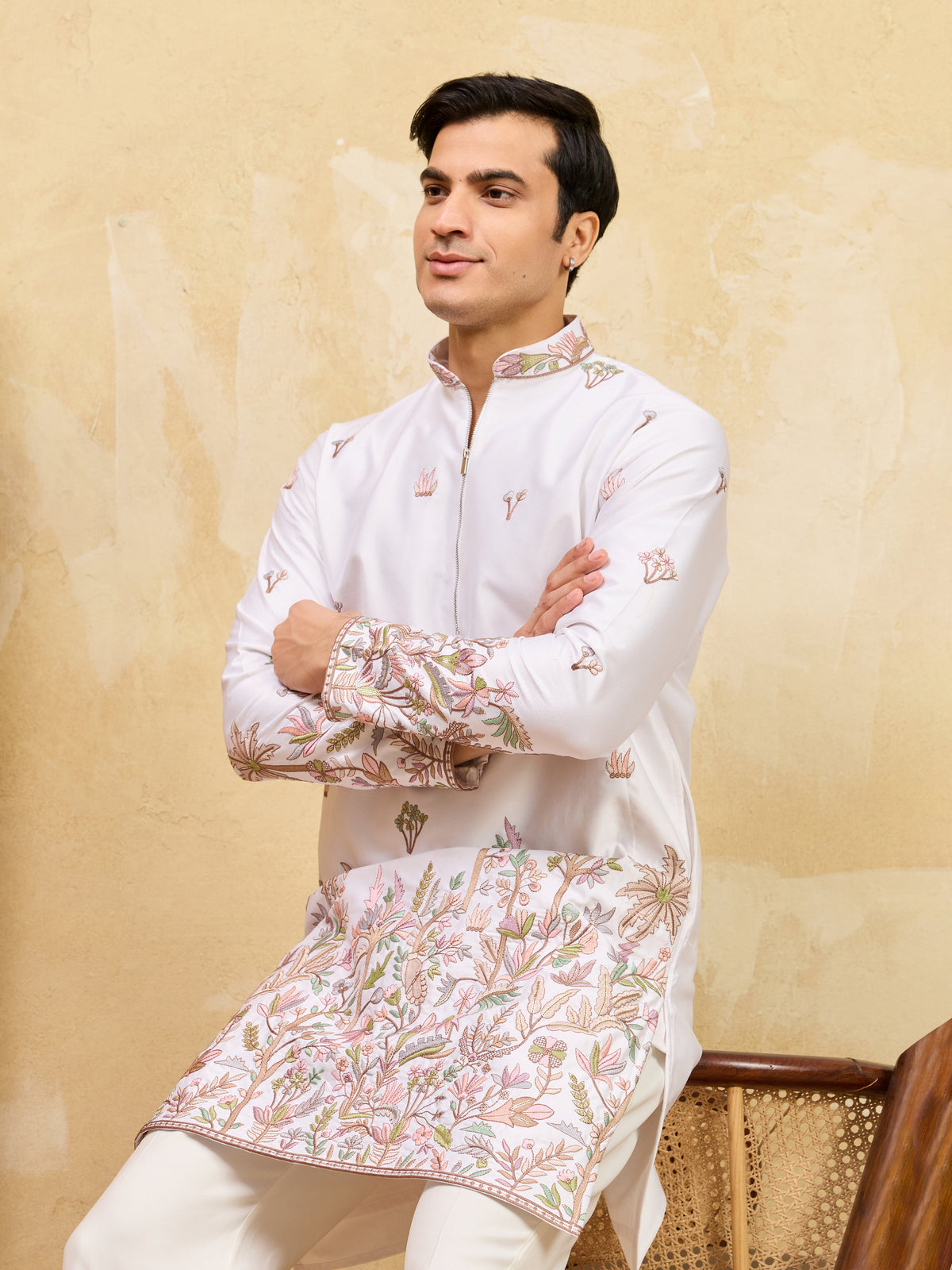 Classic White Thread & Sequence Embroidered Work Kurta Set