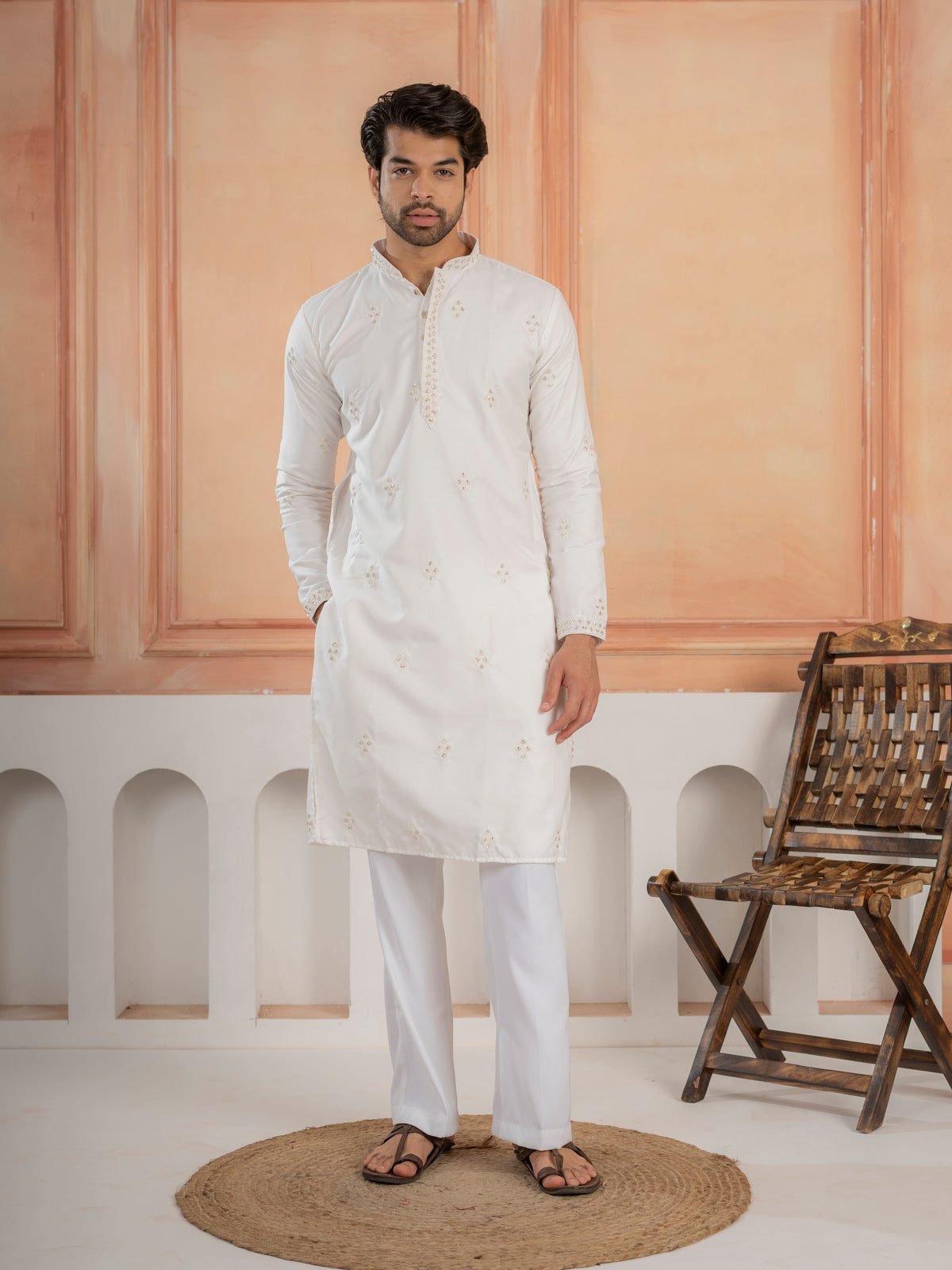 Classic White Soft Cotton Val-Moti Butta Work Kurta Outfit for Men