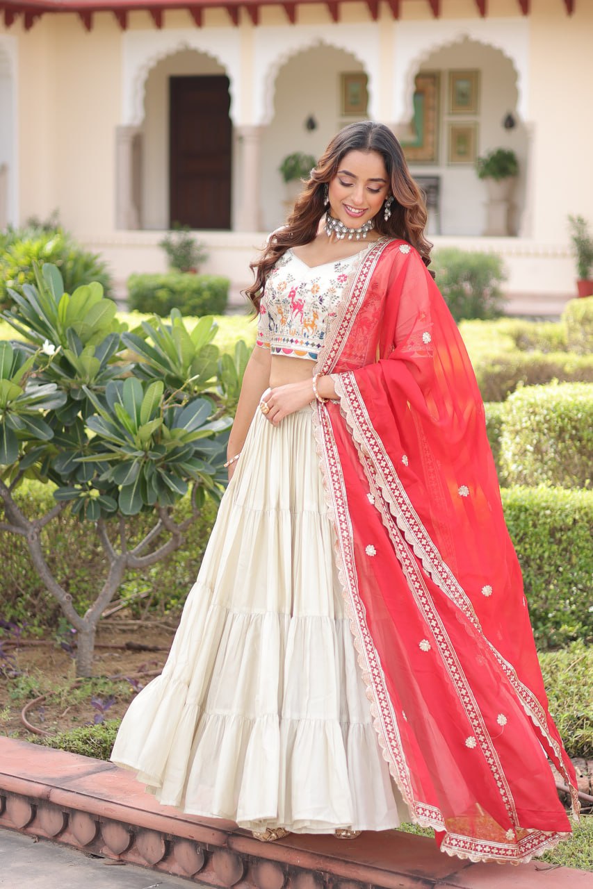 Elegant Cosmos Silk Lehenga Set with Embroidered Blouse & Designer Dupatta