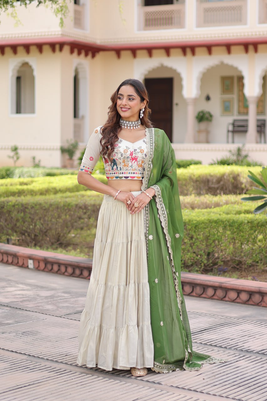 Elegant Cosmos Silk Lehenga Set with Embroidered Blouse & Designer Dupatta