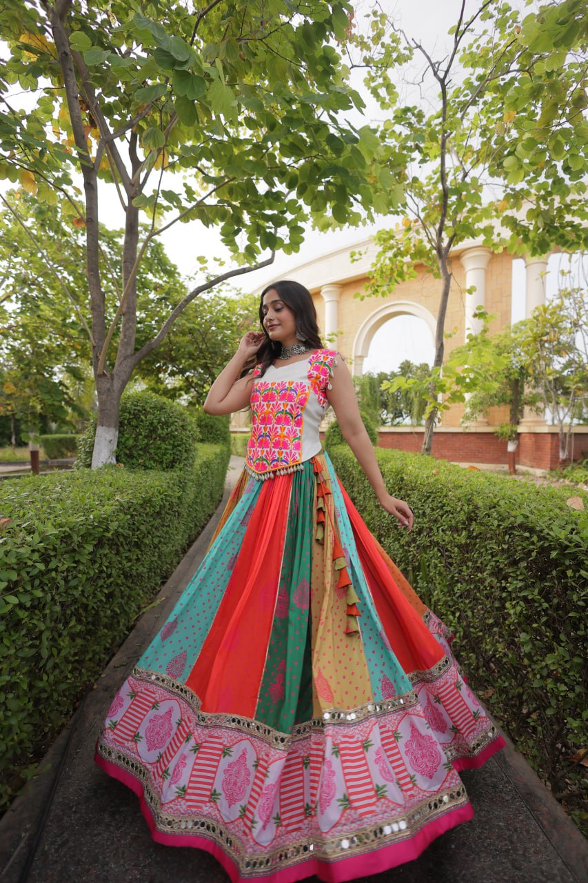 Multicolor Cotton Mirror Work Lehenga Set | Tulip Designer