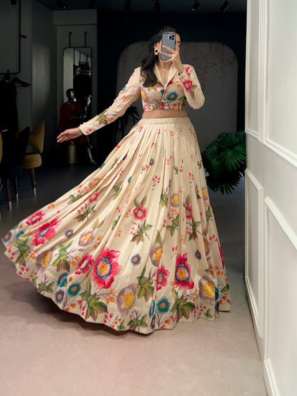 Cream Floral Print Tasar Silk Lehenga Choli Set For Festive Wear