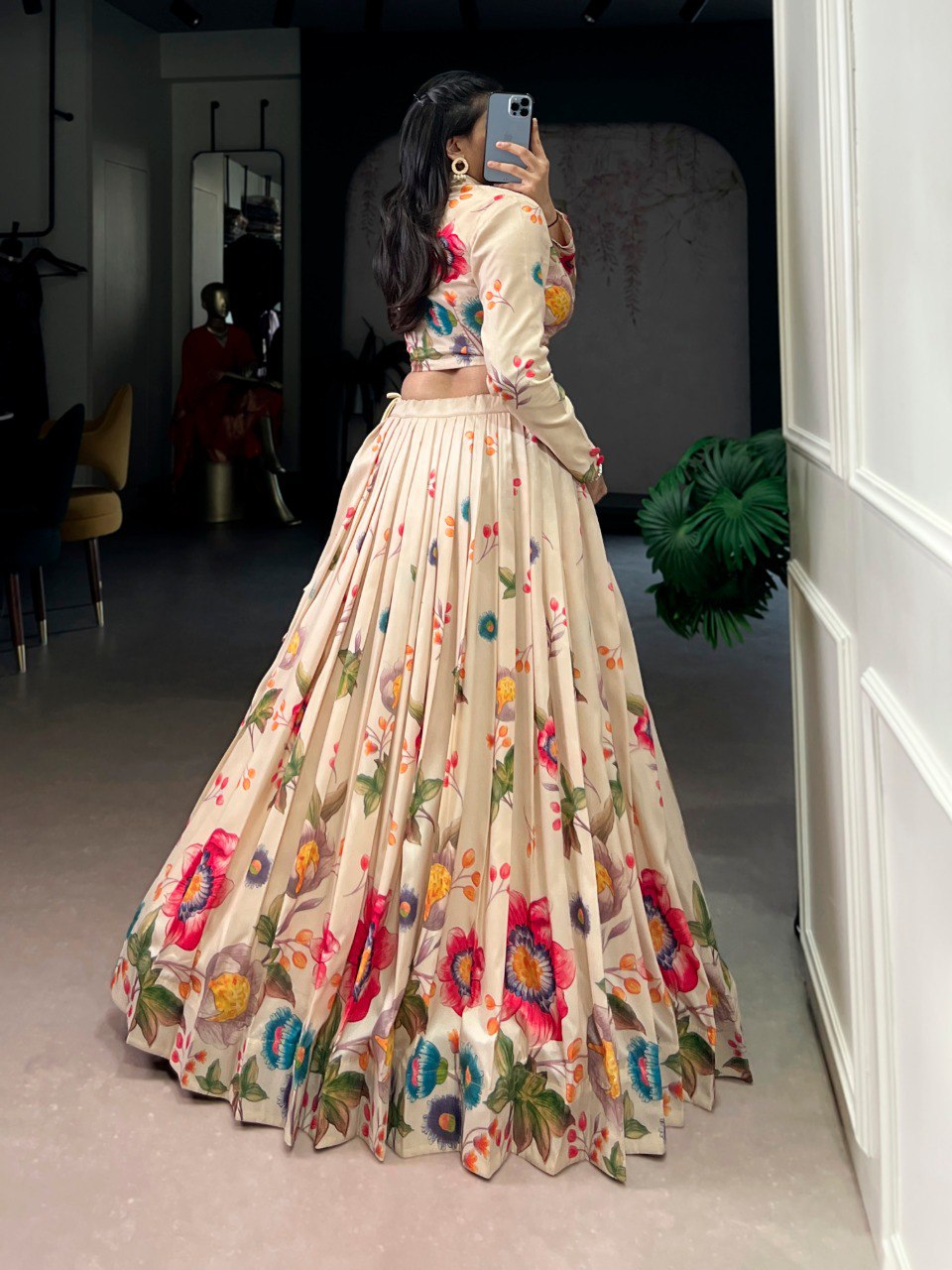 Cream Floral Print Tasar Silk Lehenga Choli Set For Festive Wear