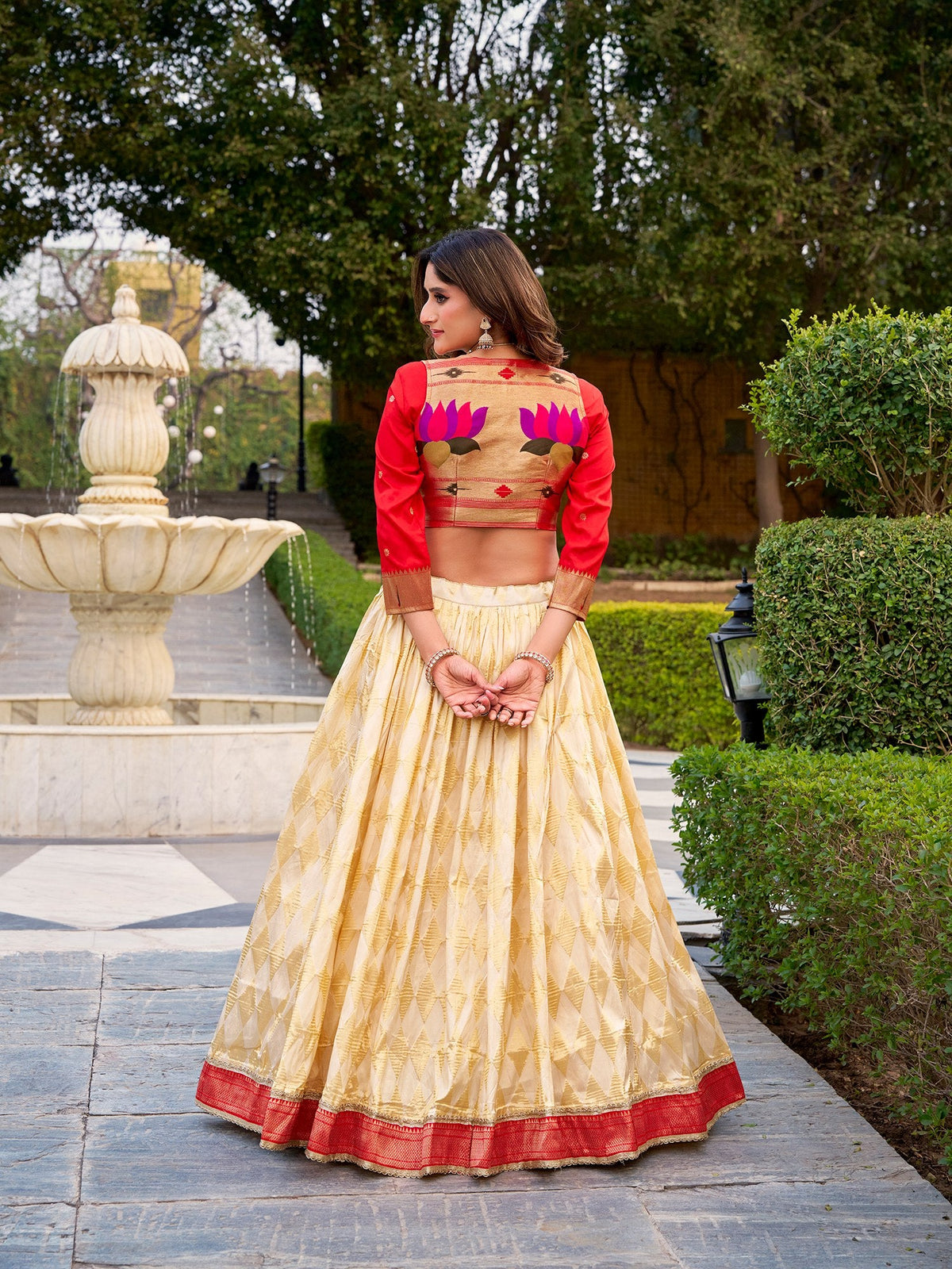 Luxury Cream Jacquard Silk Paithani Lehenga Set With Koti