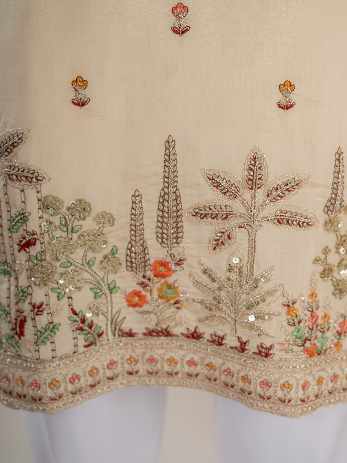 Cream Roman Shimmer Multi Color Embroidered Kurta For Festive Wear