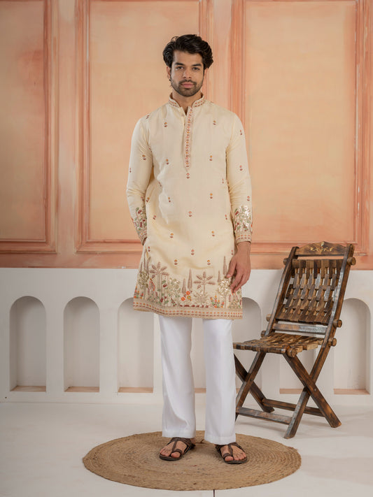 Cream Roman Shimmer Multi Color Embroidered Kurta For Festive Wear