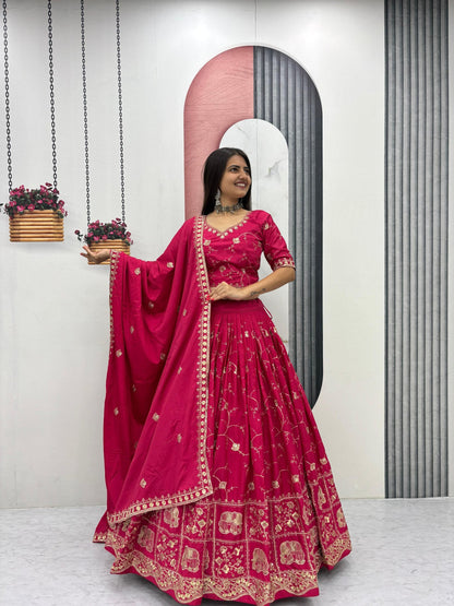 Wedding Special Crepe Silk Thread Embroidered Work Lehenga Dupatta Set 