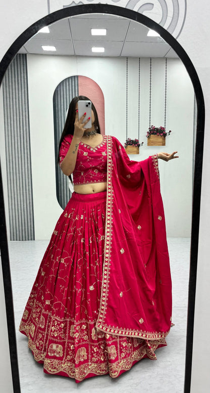 Wedding Special Crepe Silk Thread Embroidered Work Lehenga Dupatta Set