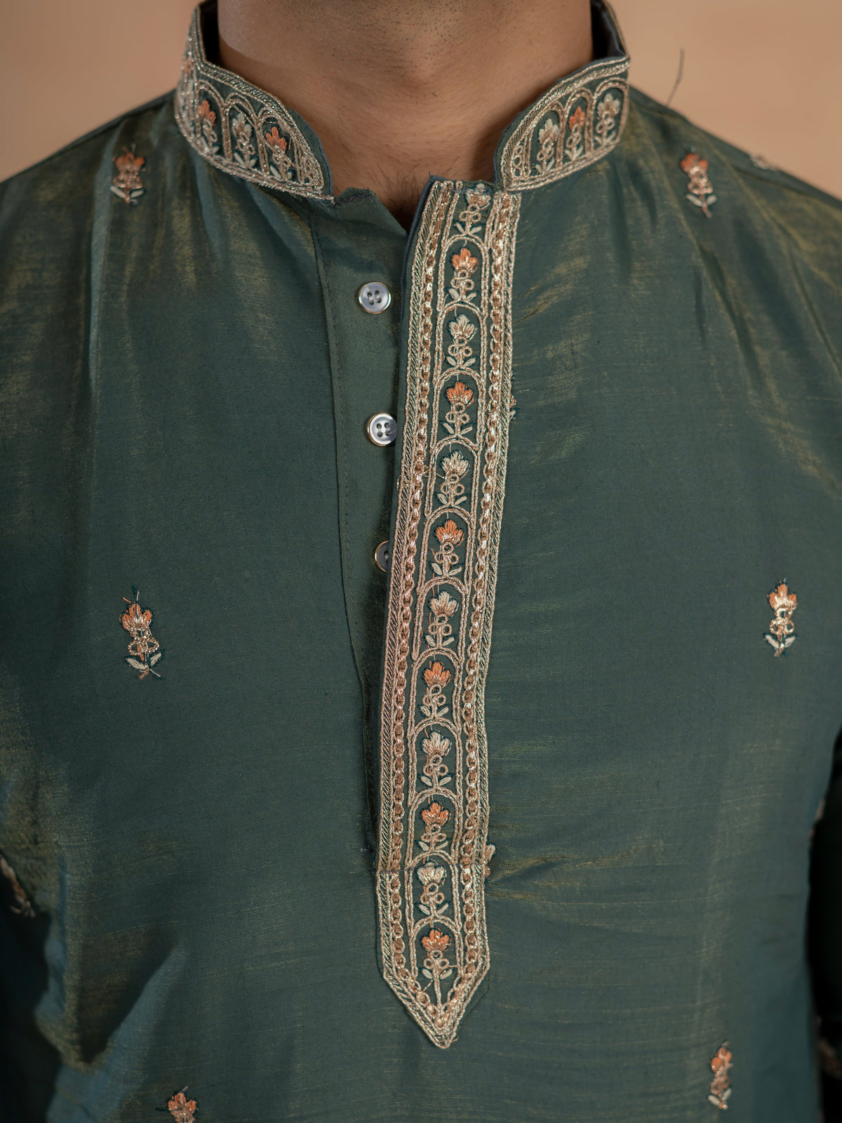 Dark Green Roman Shimmer Golden Sequence Embroidery Work Kurta Set