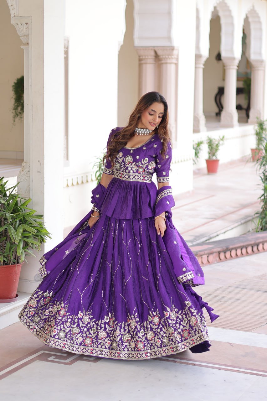 Designer Purple Embroidered Lehenga Choli Set with Dupatta For Women