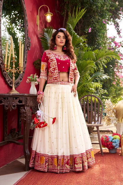 Designer Vichitra Fabric Heavy Embroidery Lehenga Choli & Koti Set 